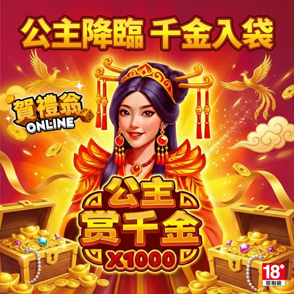 公主賞千金老虎機遊戲畫面，呈現金幣寶箱、公主角色與高倍數獎勵設計