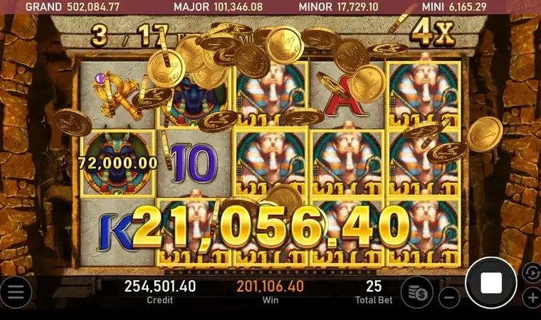 法老王老虎機爆分畫面，RSG電子高倍數連線中獎展示