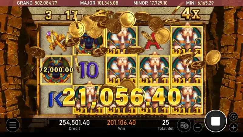 法老王老虎機爆分畫面，RSG電子高倍數連線中獎展示