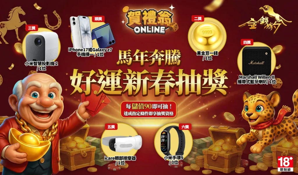 賀禮翁ONLINE新春抽獎活動，展示多款獎品，包括手機和金條。
