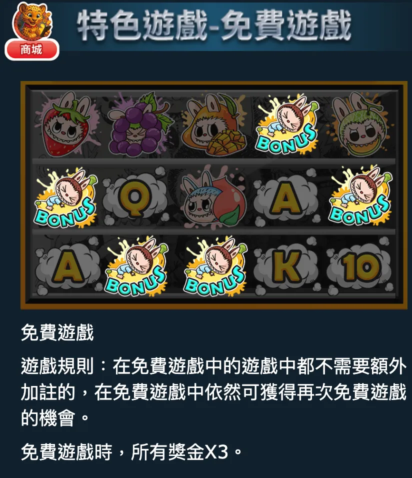 CG電子泡泡瑪特老虎機遊戲主畫面，採用人氣IP角色與五輪老虎機設計