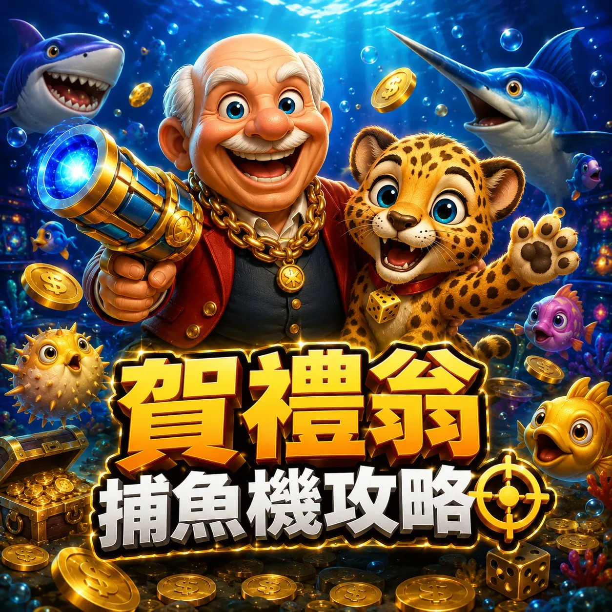 賀禮翁捕魚機攻略，老翁與小豹搭配鯊魚、魚群及捕魚砲台主視覺