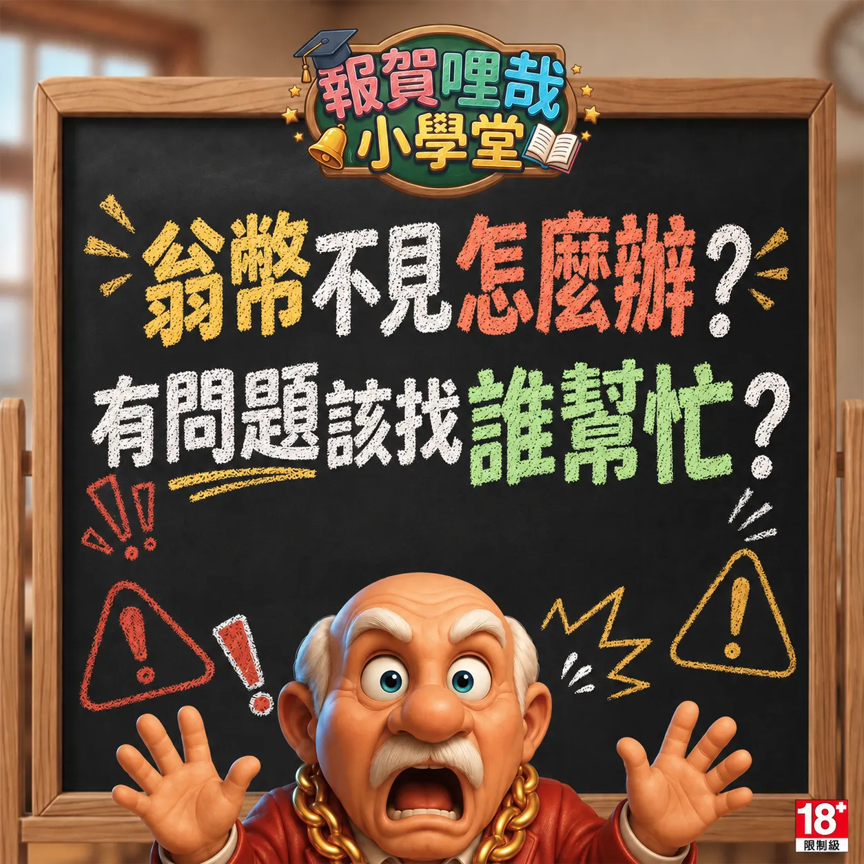賀禮翁「翁幣不見怎麼辦？有問題該找誰幫忙？」宣傳圖，身穿紅西裝的老翁神情驚訝地舉起雙手，背景為寫有「賀禮翁小學堂」與提問粉筆字的黑板，右下角標示 18+ 限制級。