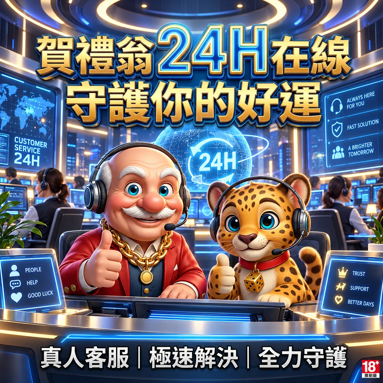 針對您提供的圖片,以下為您規劃的賀禮翁「24H線上客服與守護好運」專區 SEO 圖片資訊:
替代文字 (Alt Text):賀禮翁「24H線上客服」宣傳圖,身穿紅西裝的笑臉老翁與可愛豹子吉祥物戴著耳機並豎起大拇指,背景為高科技監控客服中心,上方醒目展示「賀禮翁 24H 線上 守護你的好運」與「真人客服 | 極速解決 | 全力守護」標語