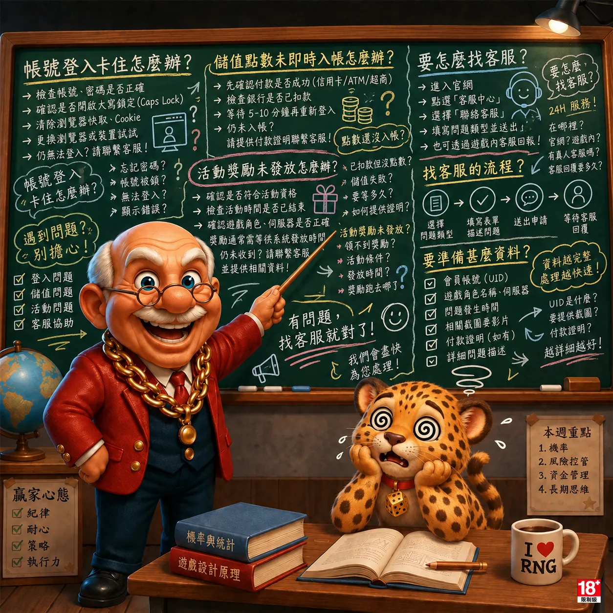 賀禮翁「客服 Q&A 與疑難排解全攻略」宣傳圖，身穿紅西裝的笑臉老翁拿著教鞭站在黑板前，黑板上詳細列出帳號登入、儲值未入帳、活動獎勵未發放與如何找客服等四大問題解答，右下角有一隻眼睛冒著蚊香圈、神情苦惱的可愛豹子正趴在桌上閱讀。
