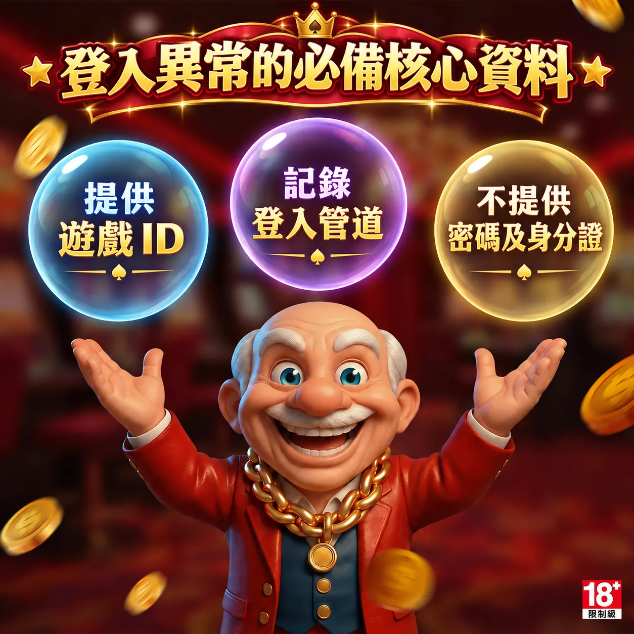 賀禮翁「登入異常必備核心資料」宣傳圖，身穿紅西裝的笑臉老翁雙手托舉著三個發光圓球，上方標示「登入異常的必備核心資料」，圓球內分別寫著「提供遊戲 ID」、「記錄登入管道」與「不提供密碼及身分證」。