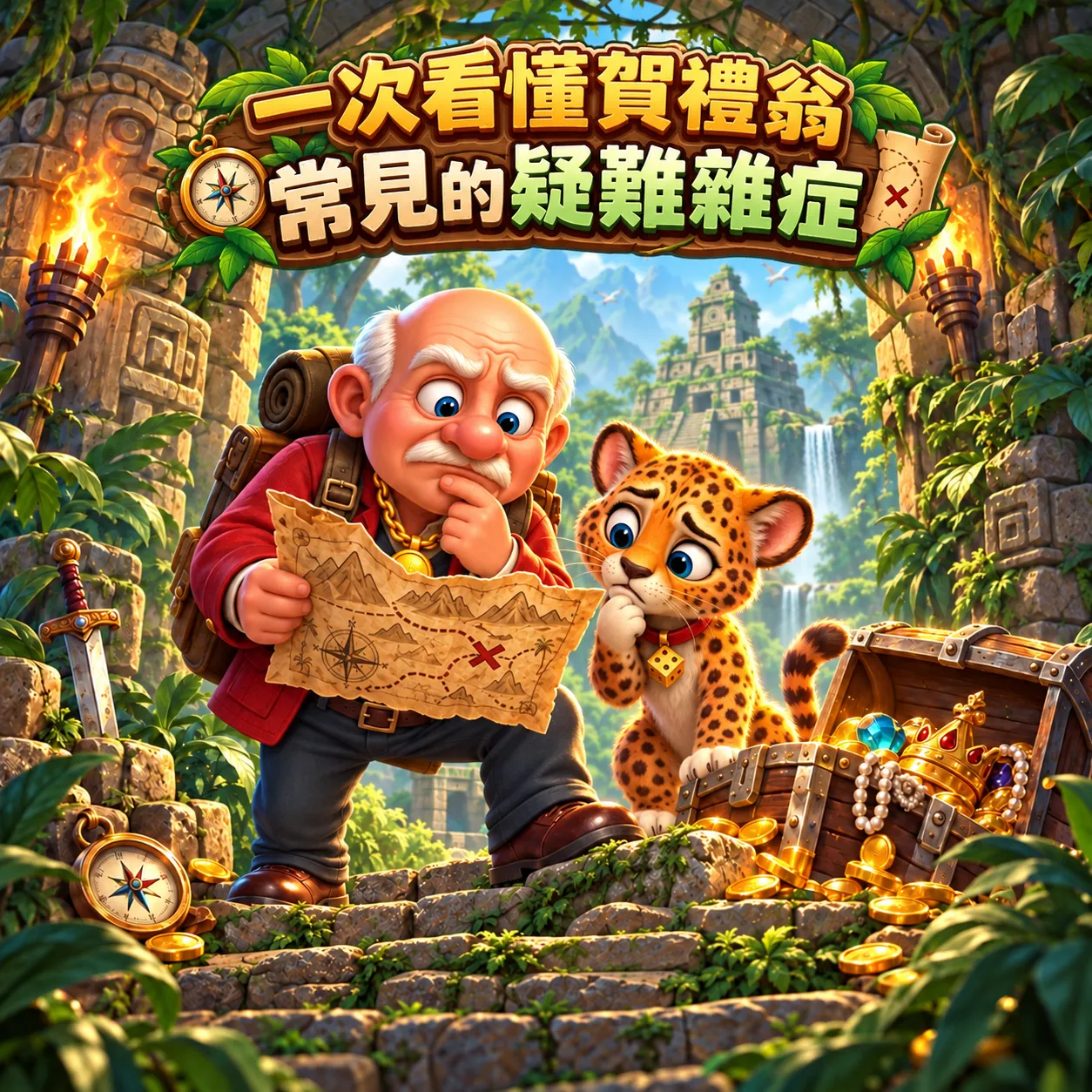 賀禮翁「常見疑難雜症總整理」冒險主題宣傳圖,身穿紅西裝的老翁背著行囊與可愛豹子吉祥物一同拿著藏寶圖苦思,背景為古文明遺跡與滿載金幣寶箱,上方醒目展示「一次看懂賀禮翁常見的疑難雜症」標語。