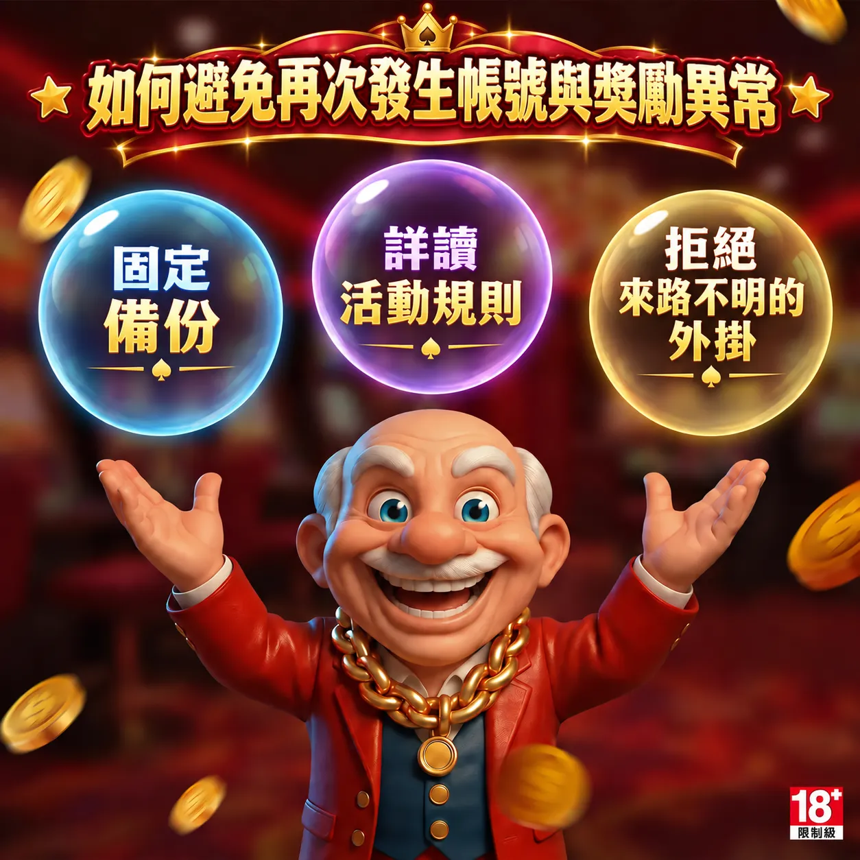 賀禮翁「避免帳號與獎勵異常」宣傳圖，身穿紅西裝的笑臉老翁雙手托舉著三個發光圓球，上方標示「如何避免再次發生帳號與獎勵異常」，圓球內分別寫著「固定備份」、「詳讀活動規則」與「拒絕來路不明的外掛」。   