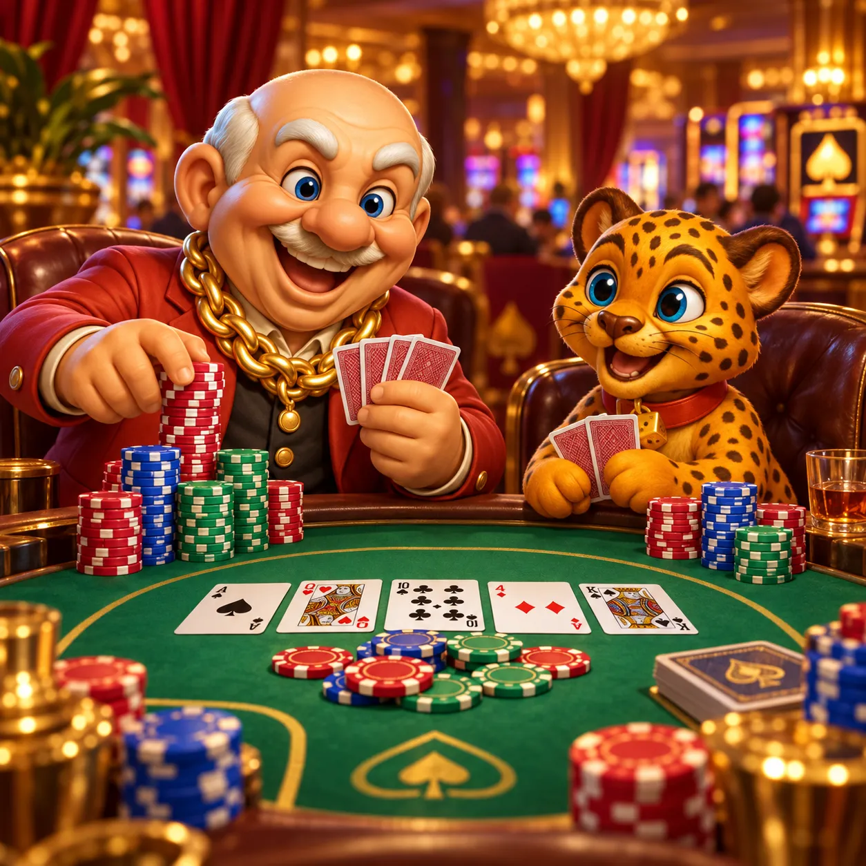 賀禮翁棋牌撲克遊戲宣傳圖，身穿紅西裝的笑臉老翁與可愛的豹子吉祥物坐在綠色桌面的牌桌前開心玩牌，桌面上擺滿了五顏六色的籌碼與撲克牌。