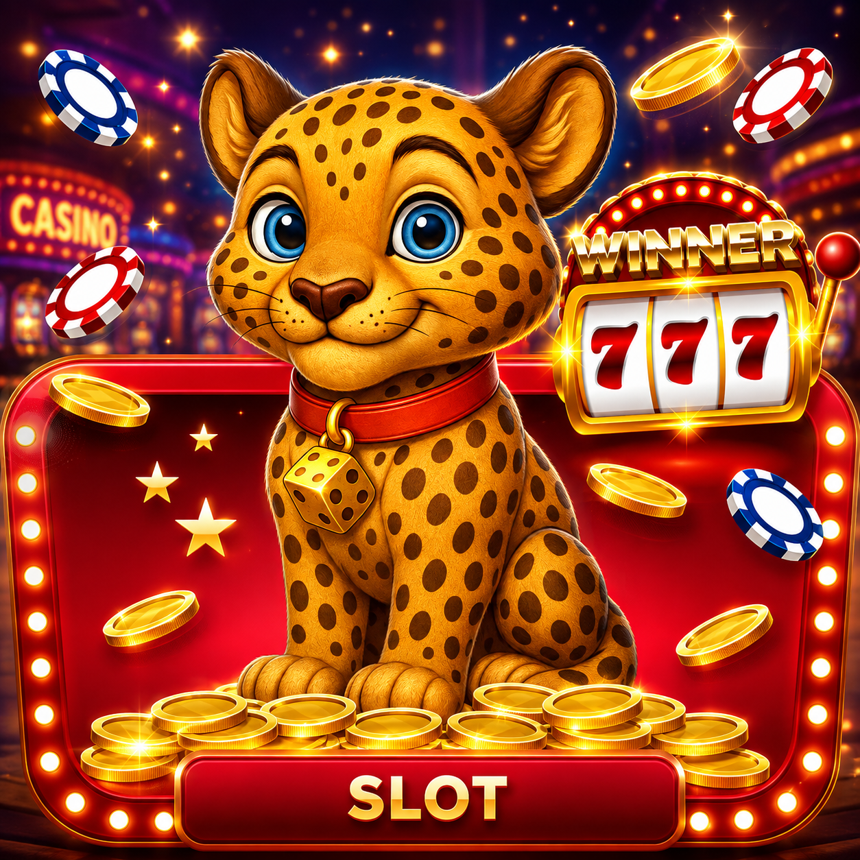 賀禮翁「SLOT」電子老虎機專區宣傳圖,一隻戴著骰子項圈的可愛豹子吉祥物坐在金幣堆上,右上方為顯示三個 7 的老虎機圖示,周圍環繞著金幣與籌碼。