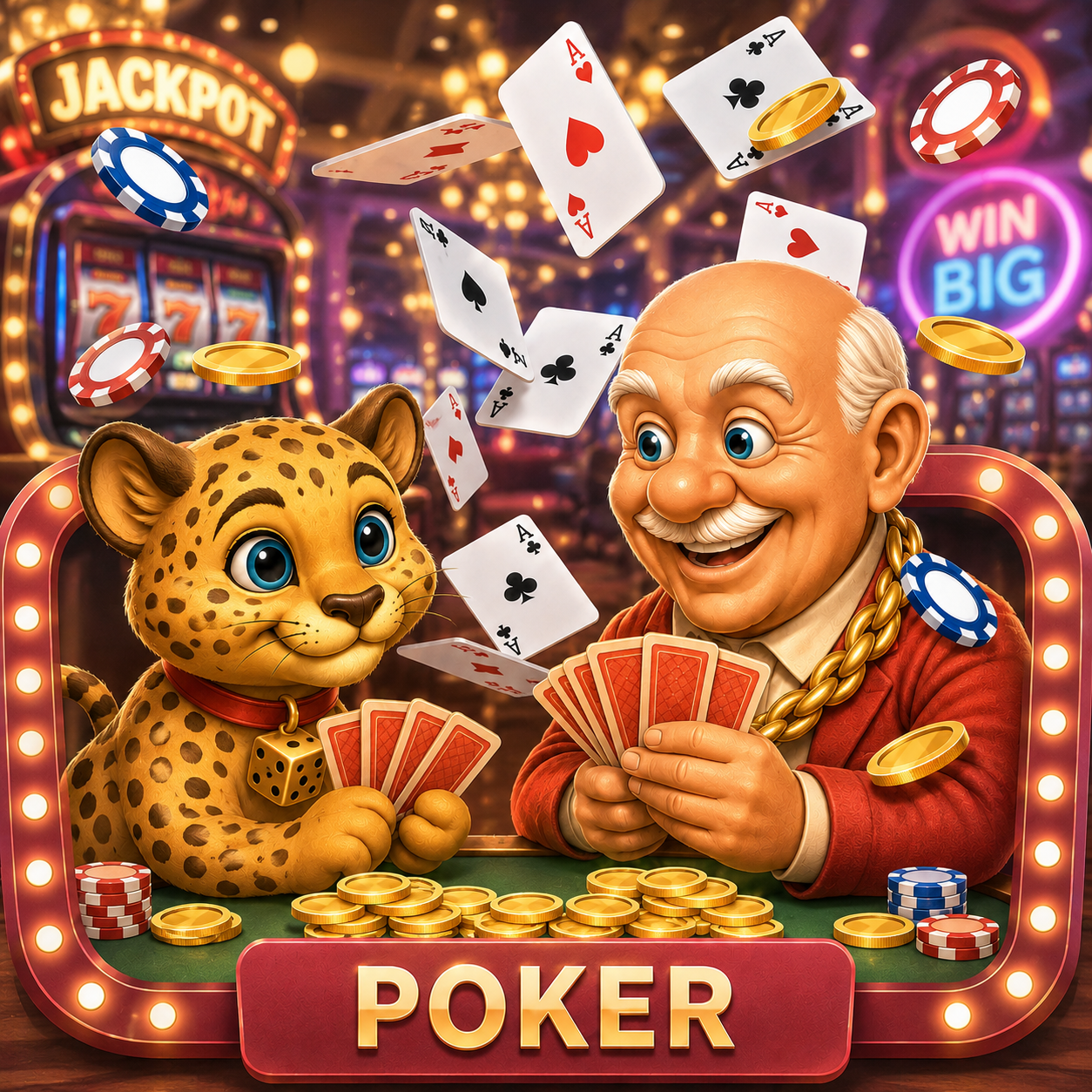 賀禮翁「POKER」棋牌桌遊專區宣傳圖,笑臉老翁與可愛豹子吉祥物一同坐在綠色牌桌前開心拿著紙牌,周圍飛舞著撲克牌、金幣與籌碼,下方標示紅底金字的「POKER」。