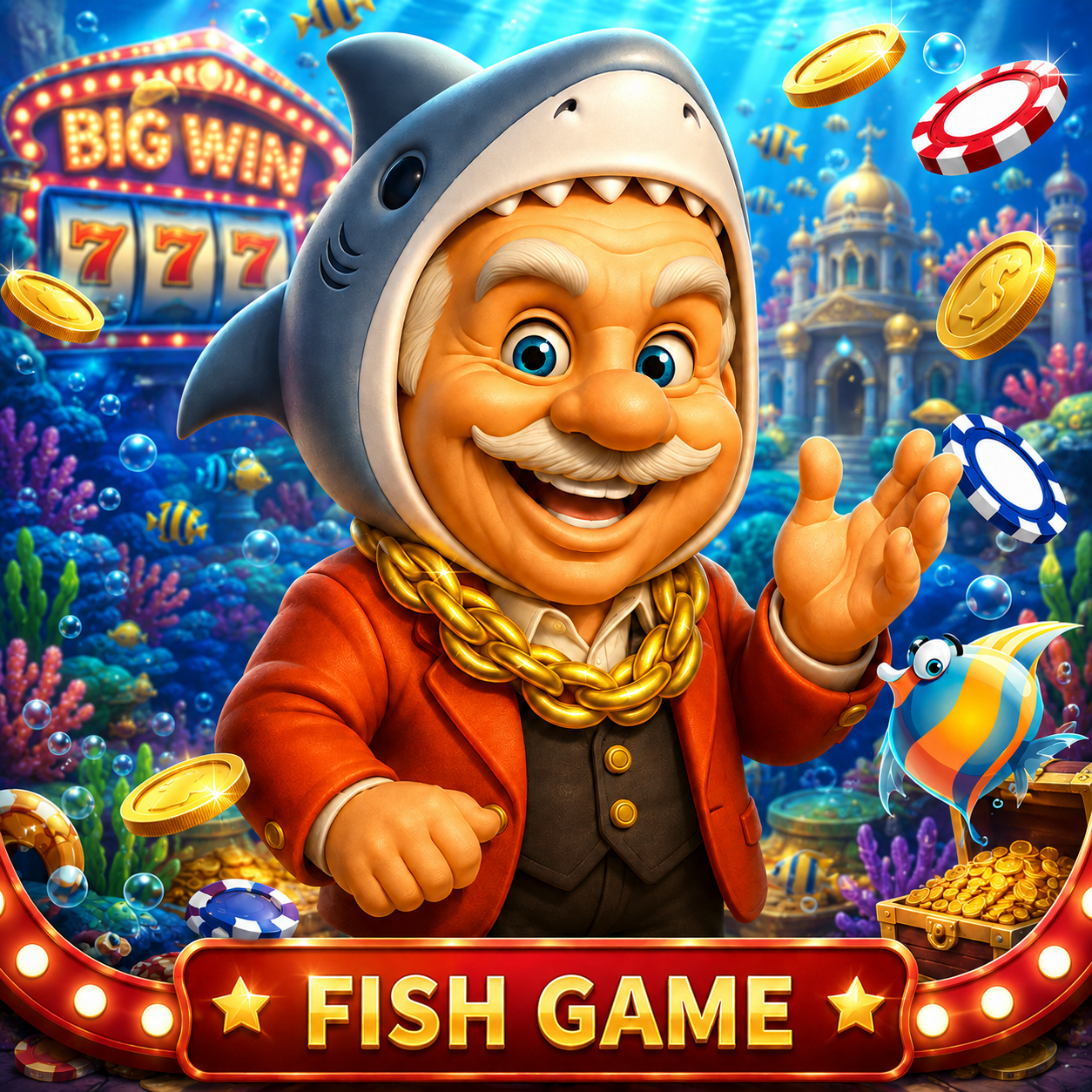 賀禮翁「FISH GAME」捕魚機專區宣傳圖,身穿鯊魚裝的笑臉老翁站在海底宮殿背景中央,背景上方為「BIG WIN 777」老虎機,周圍環繞著金幣、籌碼與一條熱帶魚。