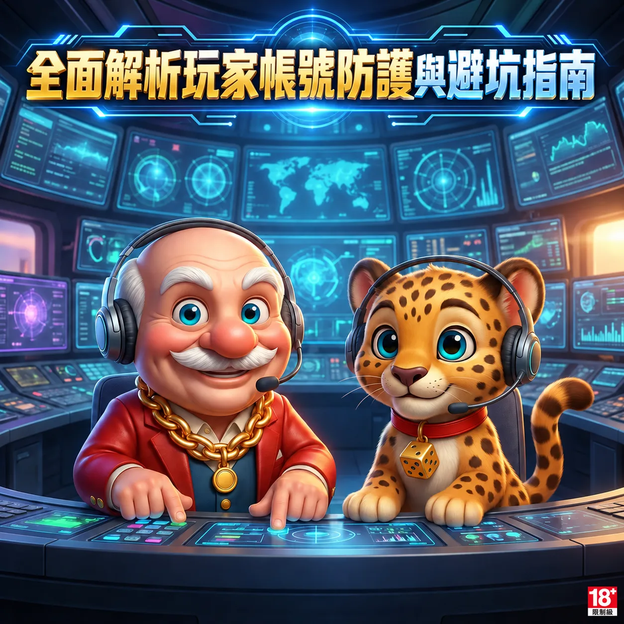 賀禮翁「帳號防護與避坑指南」宣傳圖，身穿紅西裝的笑臉老翁與可愛豹子吉祥物戴著耳機坐在高科技監控室的主控台前，正專注地操作控制面板，上方顯示「全面解析玩家帳號防護與避坑指南」標語。