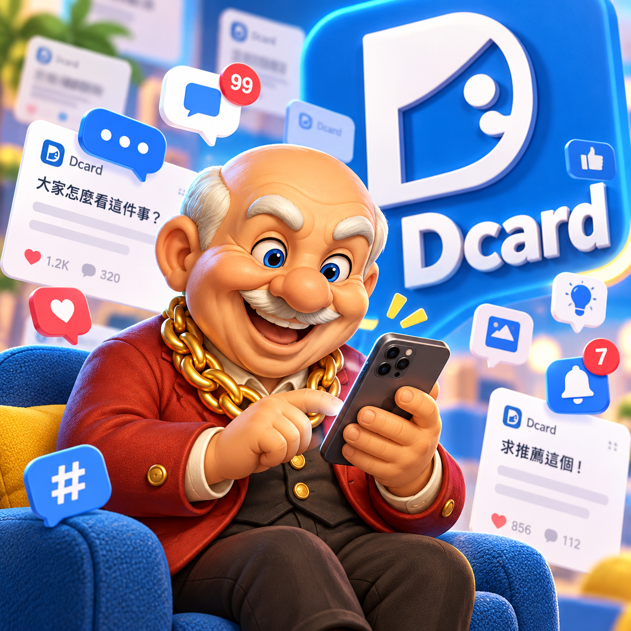 賀禮翁 Dcard 社群討論宣傳圖，身穿紅西裝的笑臉老翁坐在藍色沙發上開心地滑手機，背景浮現醒目的 Dcard 標誌與多個社群貼文互動視窗（包含按讚、留言與通知圖示）。