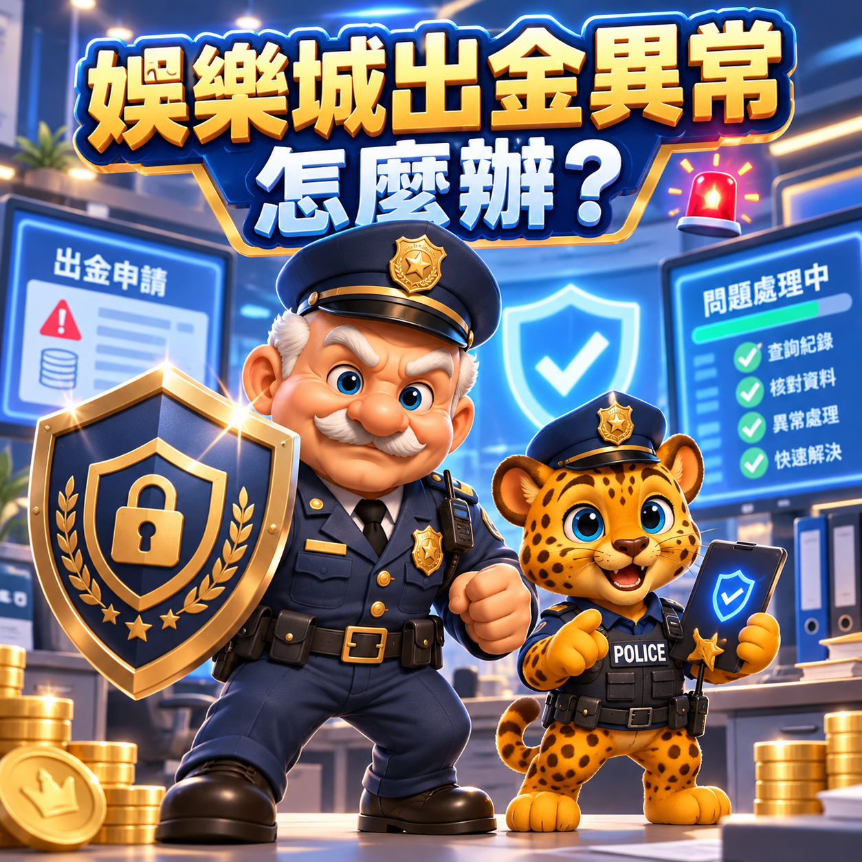 賀禮翁「娛樂城出金異常怎麼辦？」宣傳圖，身穿警察制服的笑臉老翁手持印有金色掛鎖的防護盾牌，身旁站著穿警察制服並拿著手機的可愛豹子吉祥物，背景為高科技監控中心與警示燈，上方醒目展示「娛樂城出金異常怎麼辦？」標語。