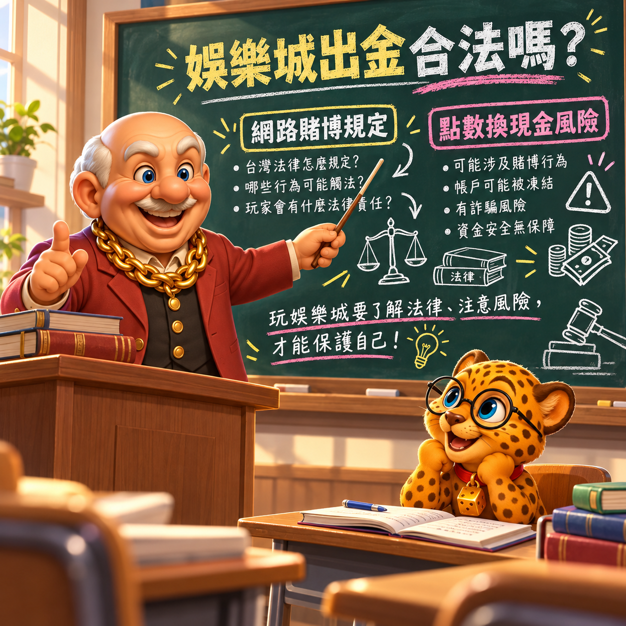 賀禮翁「娛樂城出金合法嗎？」法律宣導宣傳圖，身穿紅西裝的老翁拿著教鞭在黑板前講解，黑板上寫著「娛樂城出金合法嗎？」以及網路賭博規定與點數換現金風險，戴眼鏡的可愛豹子吉祥物坐在課桌前專心聽講。