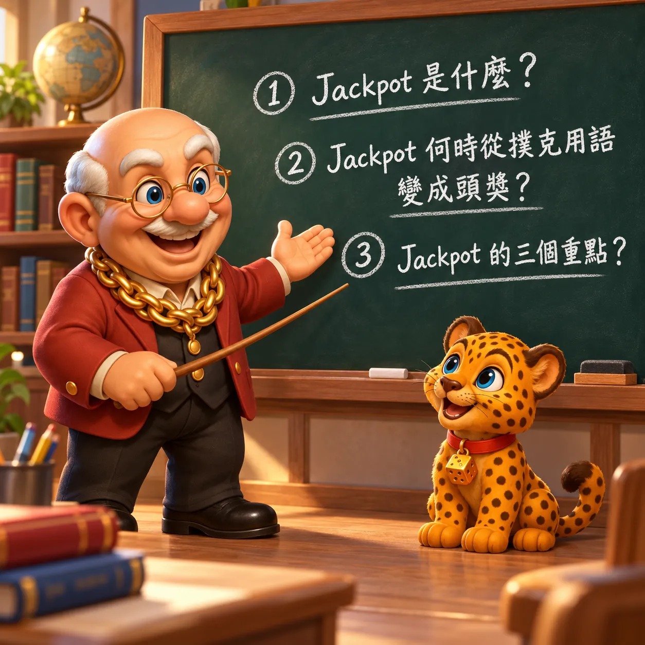 賀禮翁「Jackpot 知識大解析」宣傳圖，身穿紅西裝的老翁拿著教鞭站在黑板前，黑板上寫著三個關於 Jackpot 的問題，可愛小豹坐在旁邊專心聽講。