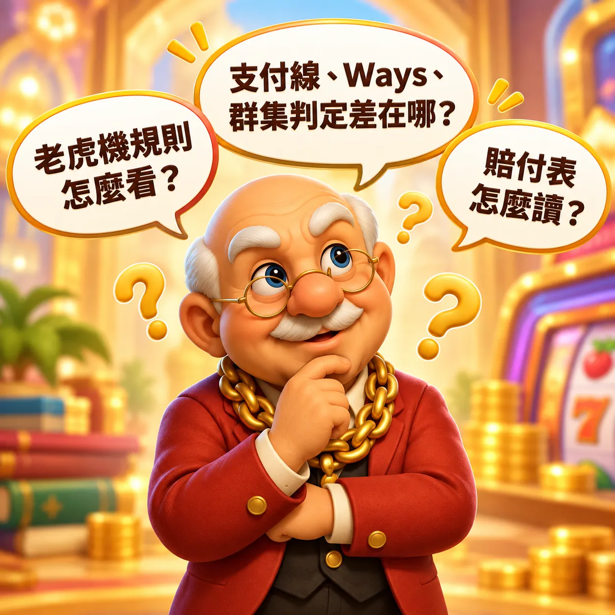 賀禮翁「老虎機規則與術語解析」宣傳圖，身穿紅西裝的老翁戴著眼鏡手托下巴正在思考，頭頂浮現三個對話框，分別寫著「老虎機規則怎麼看？」、「支付線、Ways、群集判定差在哪？」與「賠付表怎麼讀？」