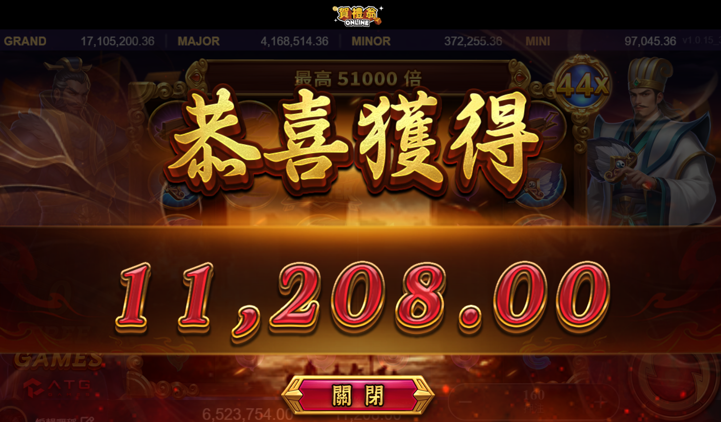 ATG赤三國恭喜獲得11208獎勵畫面｜賀禮翁ONLINE老虎機倍數結算展示