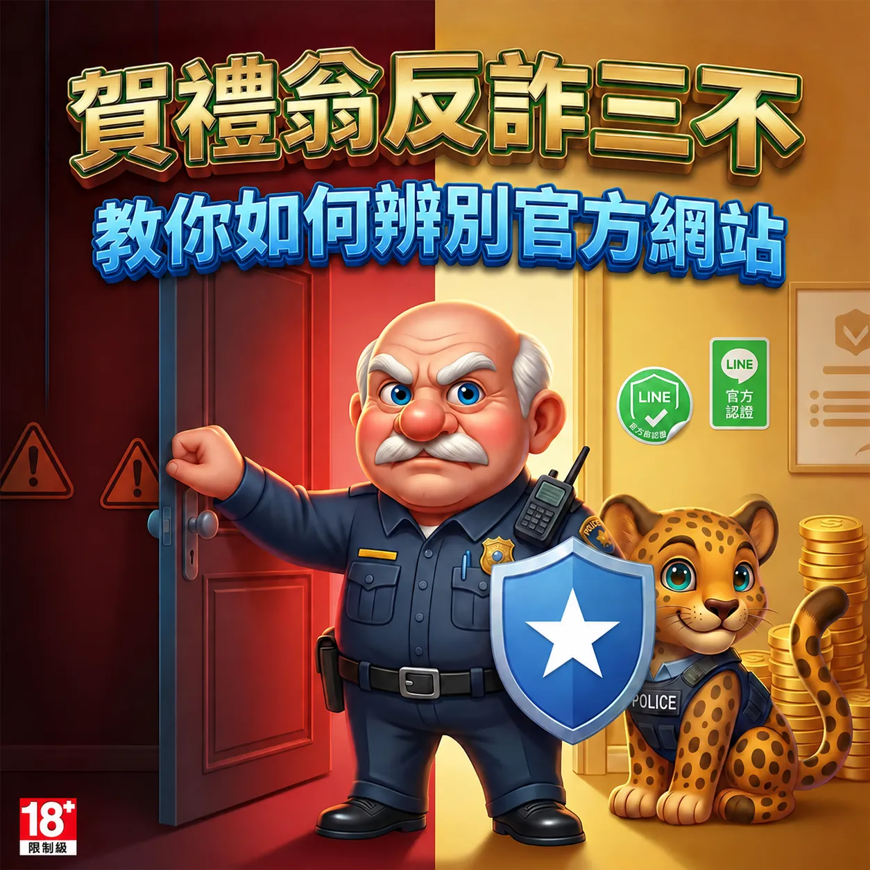 賀禮翁「反詐三不」宣傳圖,身穿警察制服的笑臉老翁手拿星形防護盾牌,身旁坐著穿警局背心的可愛豹子吉祥物,上方醒目展示「賀禮翁反詐三不 教你如何辨別官方網站」標語。