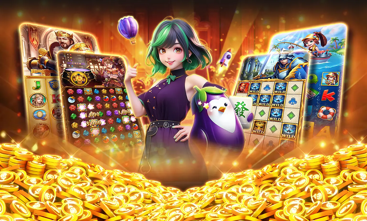 遊戲茄子娛樂城主視覺|茄子吉祥物與女角色金幣場景